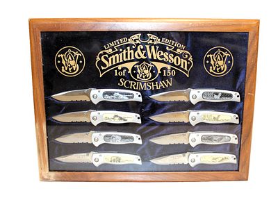 Smith & Wesson Limited Edition 1 of 150 Scrimshaw SWAT 024, 8 knives in walnut hanging display case