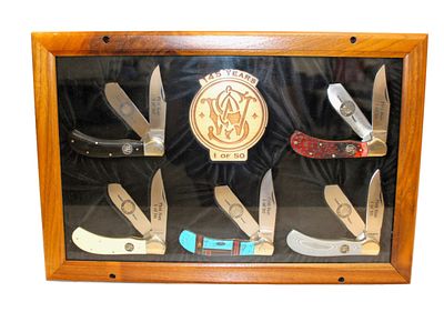 Smith & Wesson 145 Years 1 of 50 Saddle Horn 041, 5 knives in hanging walnut display case. Smith