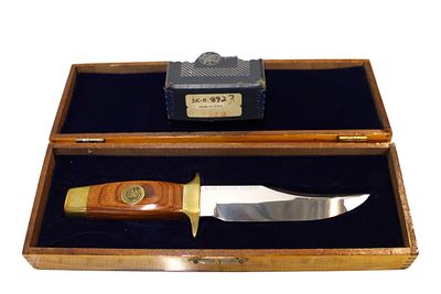 Smith & Wesson Texas Ranger bowie knife in oak box with original knife box. Smith & Wesson