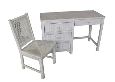 Henry Link white wicker vanity and chair. 2 piece lot. Structurally sound with some wicker loss