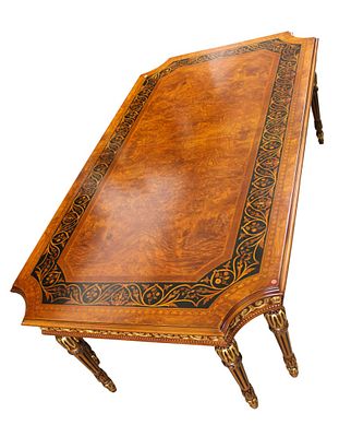 Awesome burl walnut and inlaid carved French empire style dining room table with 2 20" leaves.