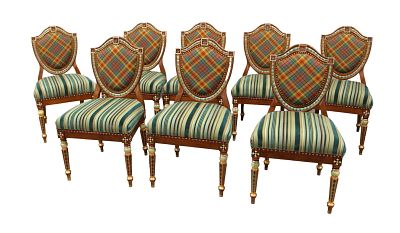 Set of 8 Mackenzie-Childs upholstered & hand decorated shield back dining chairs beautiful condition