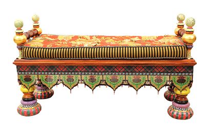 Awesome Mackenzie-Childs hand painted & decorated, multi colored and beaded, upholstered bench. A