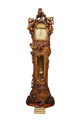 Italian cherubs wood case tall grandfather clock 2pc. Italian highly hand carved with cherubs 2