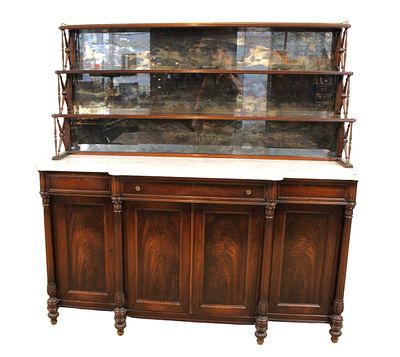 Quality burl mahogany marble top buffet with 3 tier antique mirrored etagere top. Fitted