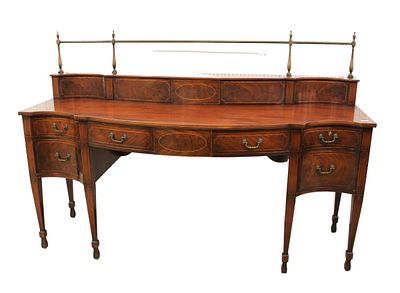 Vintage Baker mahogany inlaid buffet with brass gallery lift top hidden storage and key. Vintage
