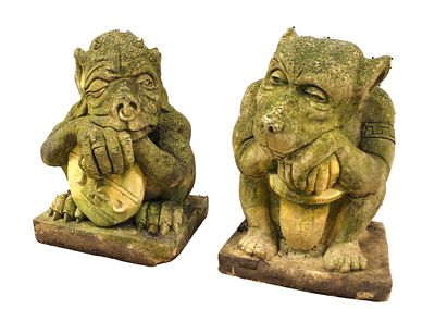 Pair of antique concrete gargoyles out of estate may need cleaned. One is signed. Structurally