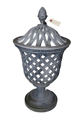 Cast iron latice work covered garden urn, struturally sound and in good condition. 26" x 14"