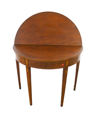 Vintage Baker Inlaid Flip Top Game Table. Vintage Baker inlaid demilune flip top game table in