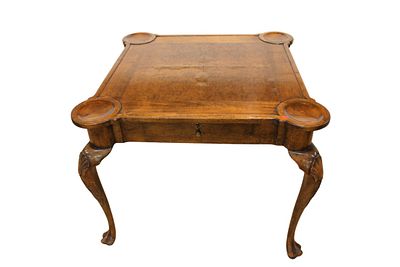 Vintage burl walnut shell carved game table tagged Baker in the Spanish queen anne style
