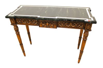 Karges carved console table. Karges carved one drawer console table with a faux style marble