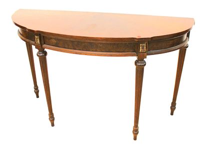 Burl walnut demilune console table in the manner of Maitland Smith, structurally sound and in