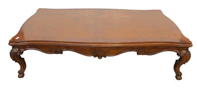 Karges large coffee table. Karges burl walnut and mahogany banded carved leg and skirt coffee