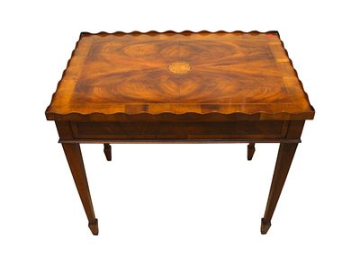 Quality inlaid burl mahogany tea table. Quality inlaid scalloped gallery burl mahogany and