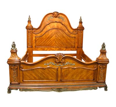 Elaborate French King or California King Bed, Burl Walnut, Bronze Applied. Elaborate French 
