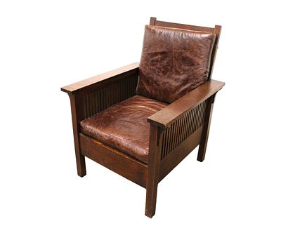 Stickley mission oak slatted and leather chair. Nice Stickley mission oak chair with leather 