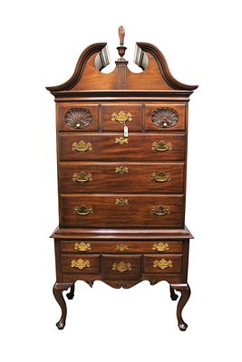 Henkel Harris 3 part double shell carved high boy, solid mahogany, key and finial. Henkel 