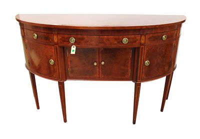 Nice demilune tapered leg buffet, mahogany, banded and inlaid. Nice demilune banded and inlaid 