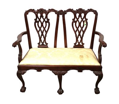 Chippendale carved double armed bench, solid mahogany. Solid mahogany Chippendale style carved 