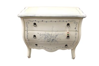 Paint decorated 3 drawer chest in ivory and light blue, structurally sound and in good 