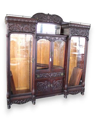 Awesome antique highly carved mahogany 3 section bookcase, all original found condition 