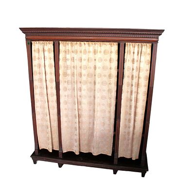 Antique mahogany 3 section open front bookcase with pencil inlay and curtains. Nice size. needs 