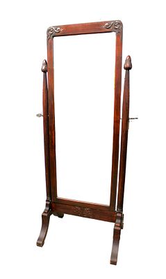 Antique solid mahogany cheval dressing mirror, carved fluted columns, beveled glass. Antique 