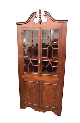 Antique Charak Furniture solid mahogany corner cabinet, individual paned. Antique Charak 
