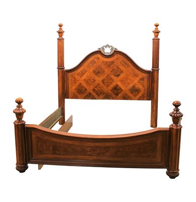 Thomasville oak and burl walnut king size bed with bronze style decorations, structurally sound 