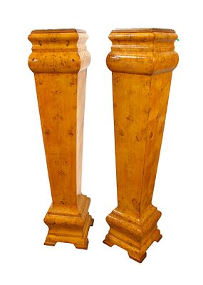 Pair of burled yew wood marble top pedestals, structurally sound and in good condition 