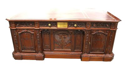 Fantastic Resolute Presidential Desk hand carved solid mahogany and leather top with working key.