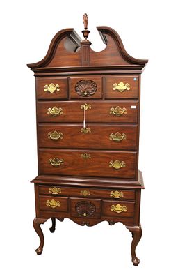 Henkel Harris Queen Anne High Boy, full bonnet top, 3 part. Henkel Harris solid mahogany 3 part