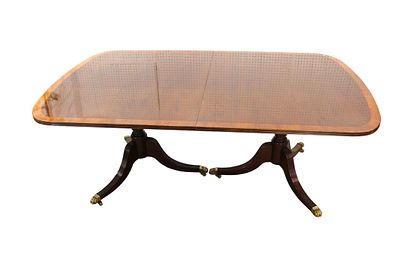 Hickory Dining Room Table with (2) Skirted Leaves, burl mahogany and banded, custom table pads. B