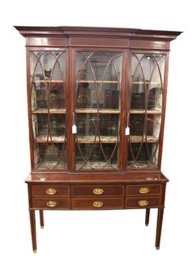 Waring & Sons London antique china server, keys, 2pc, inlaid, 3 door. Antique 2 piece inlaid 3