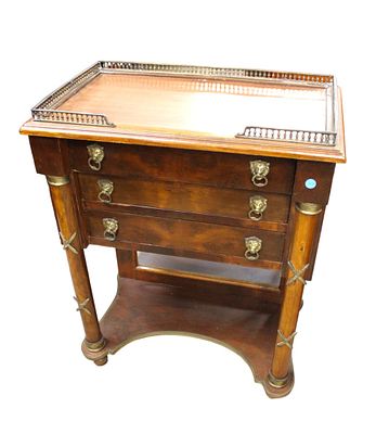 Semi Antique French style stand, burl mahogany, brass gallery, bronze accents, 3 drawer,. Semi