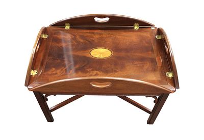 Quality sunburst inlay butterfly butler's table, burl mahogany. Quality burl mahogany with