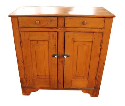 Antique country primitive jelly cupboard, yellow pine, bread board ends, 2 door 2 drawer. Antique