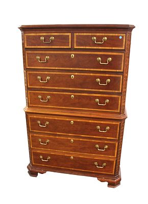 Beautiful Thomasville 8 drawer high chest, burl mahogany and banded. Beautiful Thomasville 8