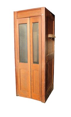 Antique oak bifold door phone booth, all original with original tin interior and bell light on