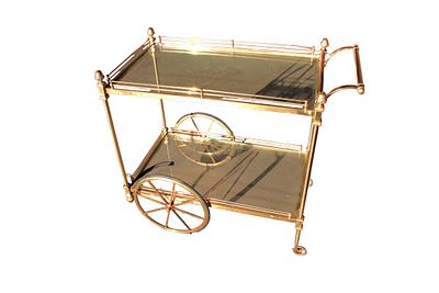 Mid century solid brass regency style two tier glass top tea cart, glass is good, rubber tires