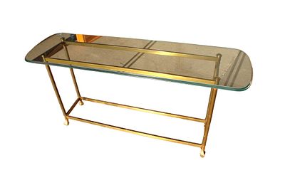 Mid century brass & glass claw foot sofa table. Mid century brass and glass claw foot sofa table