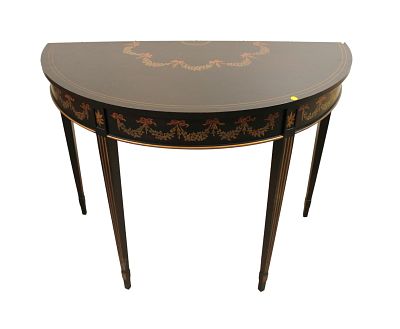 Pnt decorated demilune console manner Maitland Smith. Paint decorated demilune console in manner