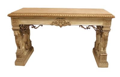 Full Standing Lion Console Table manner Maitland Smith. Elaborate standing lion console table in