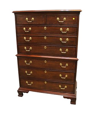 Council Bracket Foot Mahogany Banded High Chest. Councill burl mahogany and banded 8 drawer