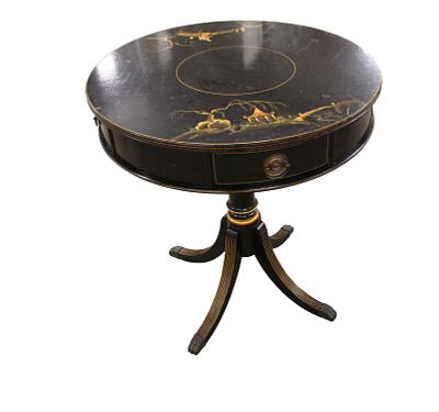 Vintage paint Asian decorated round drum table with 2 drawers, original finish, shows some surface.