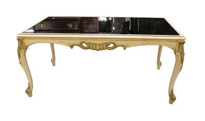 Vintage Italian carved original paint glass top coffee table, structurally sound, original found.