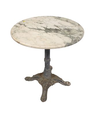 Antique marble top on cast iron base round lamp table in original found condition, structurally.