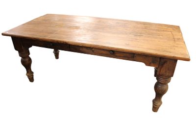 Awesome Antique Style Country Farm Table in mixed woods, heavily turned legs, structurally sound &.
