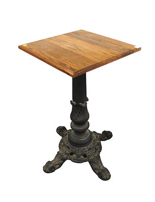 Antique style oak top table on cast iron base, structurally sound & good condition, 18" x 18" x 32"h