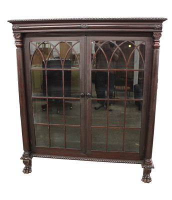 Antique solid mahogany bookcase attrib. Feldenkrais paw feet, original finish, 2 doors, structurally